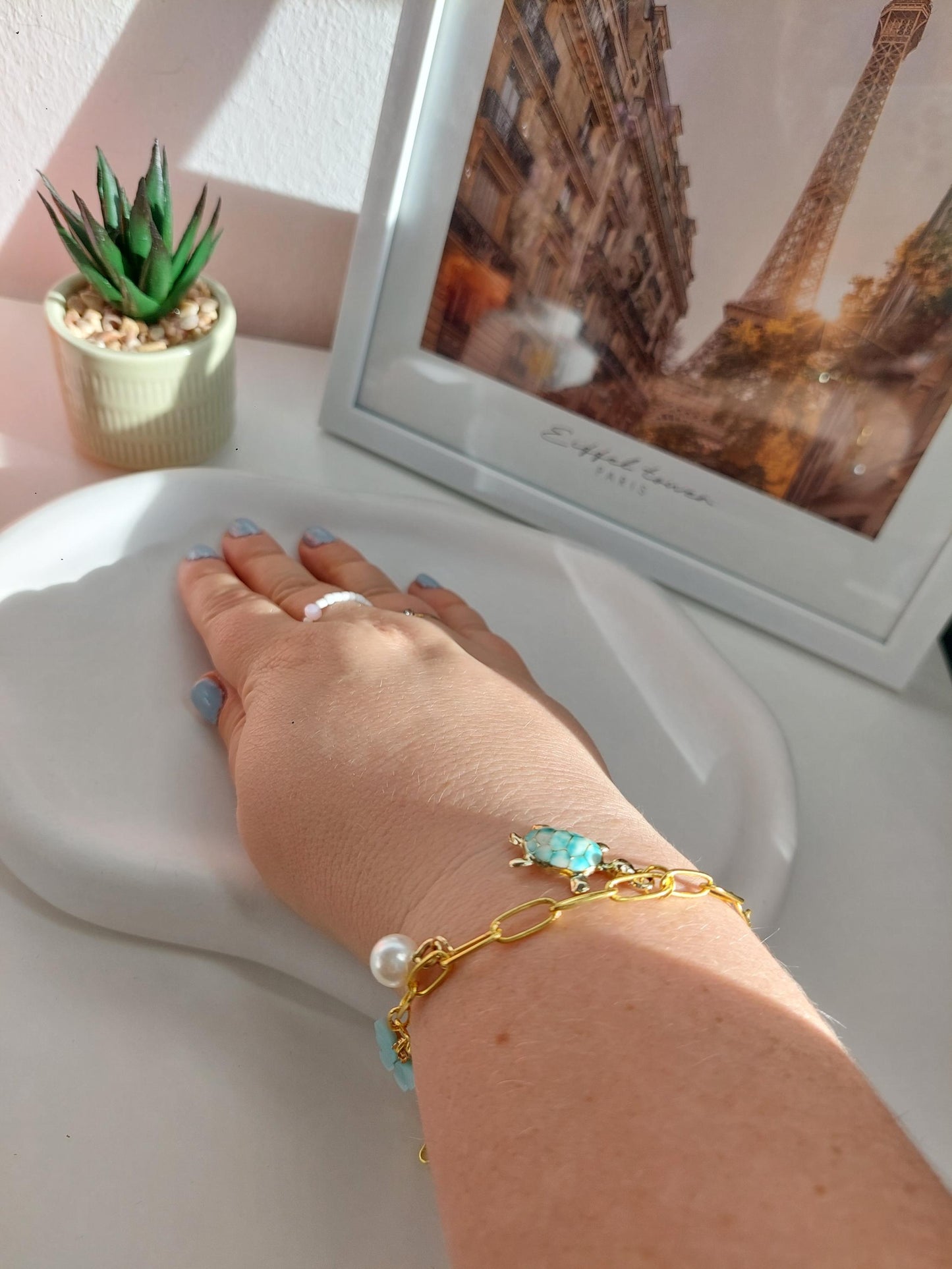 Goldenes Edelstahl Bettelarmband, Charm Bracelet mit Anhängern, Perlen, vergoldet, zeitloser Schmuck, Fruit, Flower, Butterfly, Gift for Her