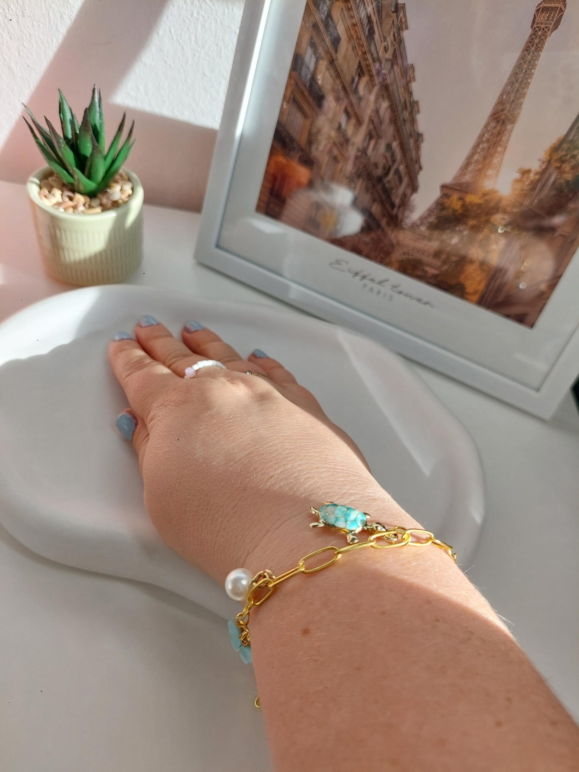 Goldenes Edelstahl Bettelarmband, Charm Bracelet mit Anhängern, Perlen, vergoldet, zeitloser Schmuck, Fruit, Flower, Butterfly, Gift for Her