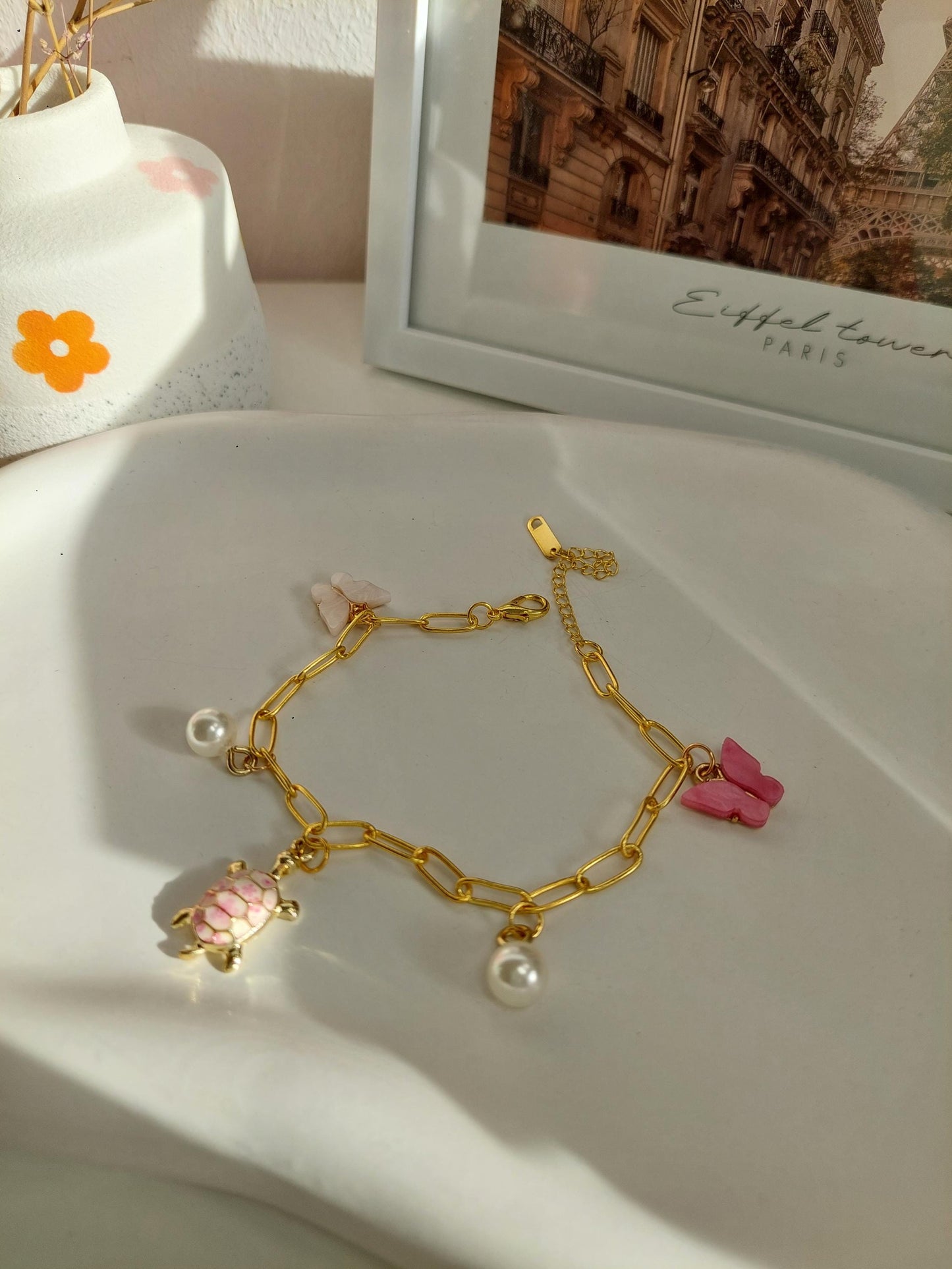 Goldenes Edelstahl Bettelarmband, Charm Bracelet mit Anhängern, Perlen, vergoldet, zeitloser Schmuck, Fruit, Flower, Butterfly, Gift for Her