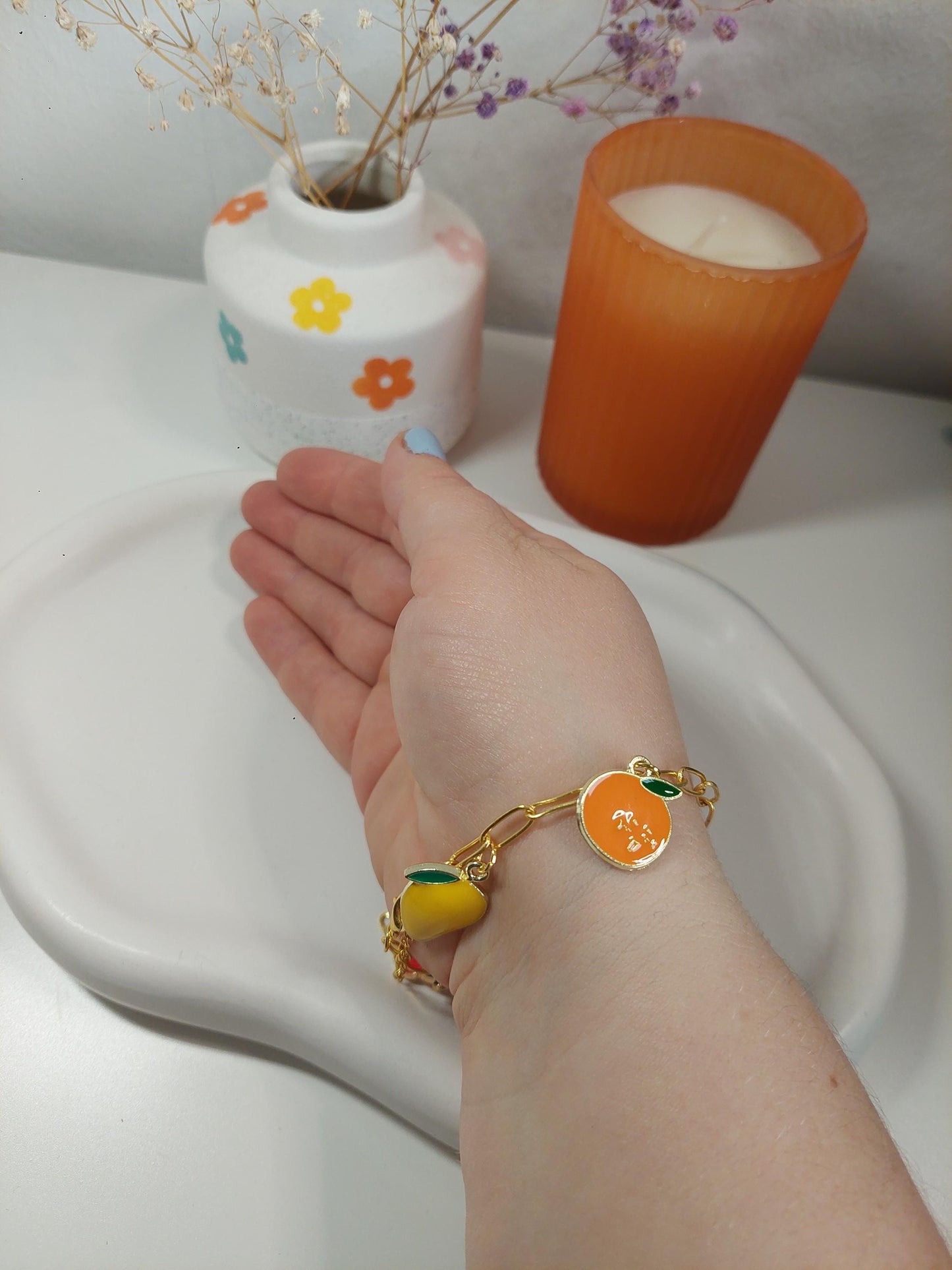 Goldenes Edelstahl Bettelarmband, Charm Bracelet mit Anhängern, Perlen, vergoldet, zeitloser Schmuck, Fruit, Flower, Butterfly, Gift for Her