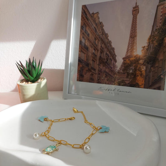 Goldenes Edelstahl Bettelarmband, Charm Bracelet mit Anhängern, Perlen, vergoldet, zeitloser Schmuck, Fruit, Flower, Butterfly, Gift for Her