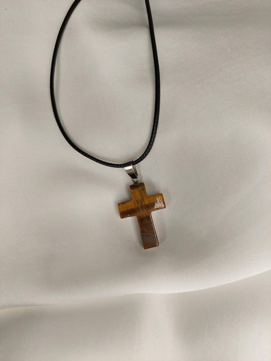 Tigerauge Kreuz Kette – Lederimitat Halskette mit Naturstein Kreuz Anhänger - Christian - Spirituality - Boho - Cross - Schutz - Erdung -