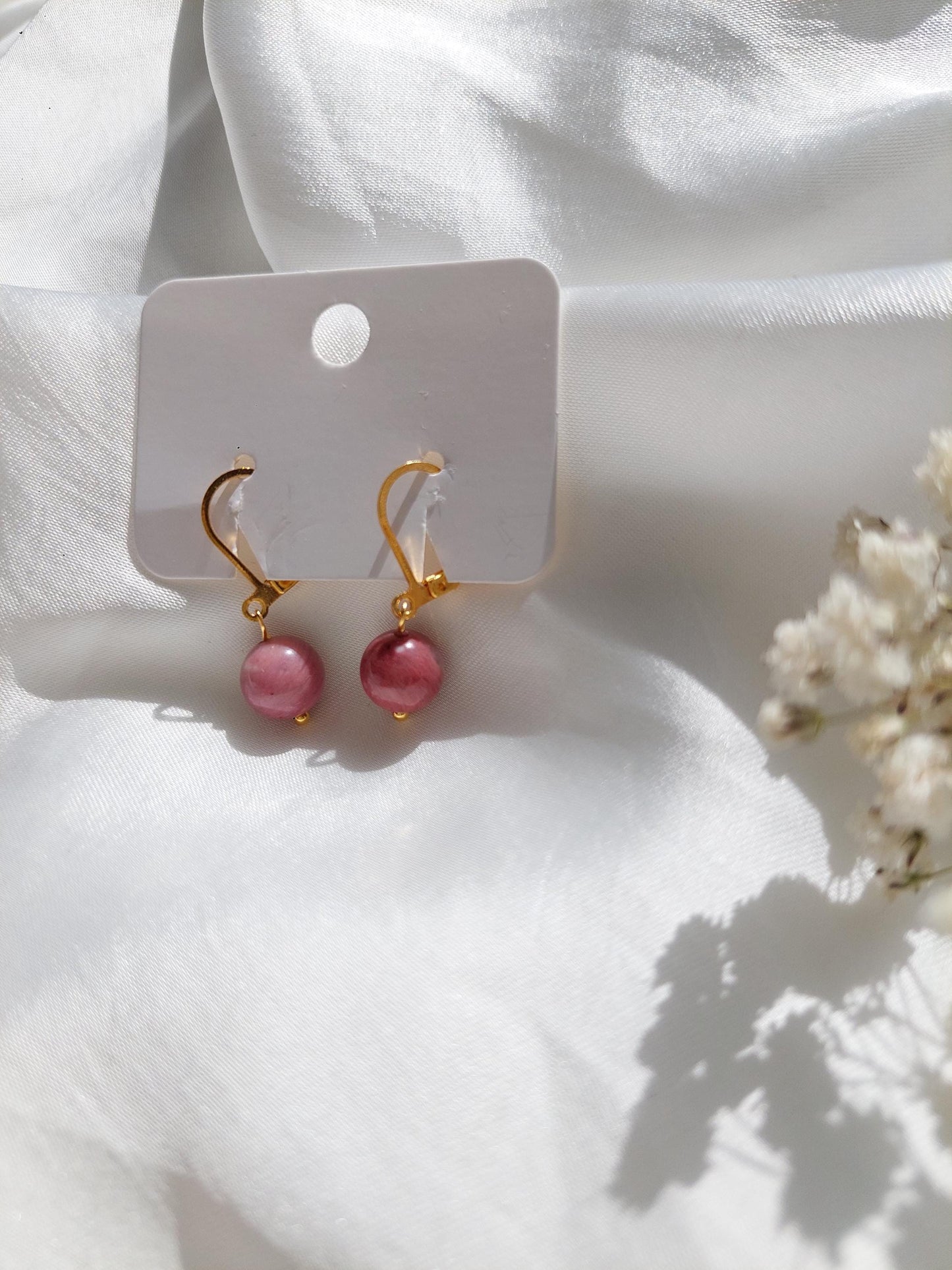 Grün Pinke Edelstein Ohrringe Gold | Minimalistische Creolen | Edelstahl Vergoldet | Natürlicher Schmuck | Geschenk für Sie