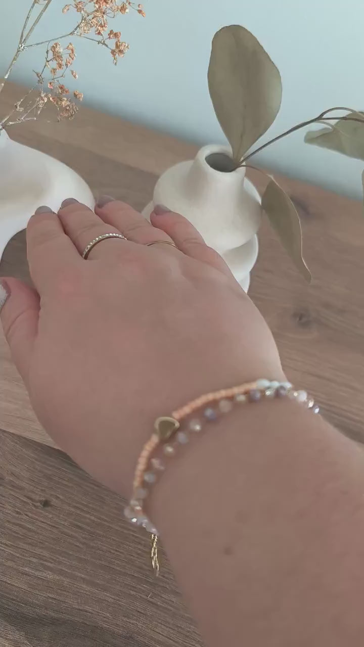 Boho Armband Set Rosa Gold | Perlenarmband mit Muschel Herz | Edelstahl Armband mit Glitzerperlen | 2-teilig | Handmade | Stainless Steel